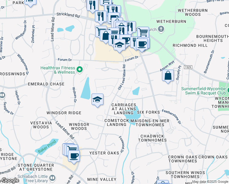 map of restaurants, bars, coffee shops, grocery stores, and more near 8440 Lentic Court in Raleigh
