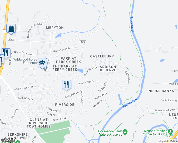 map of restaurants, bars, coffee shops, grocery stores, and more near 5806 Neuse Wood Drive in Raleigh