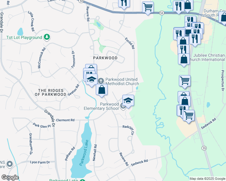 map of restaurants, bars, coffee shops, grocery stores, and more near 1509 Clermont Road in Durham