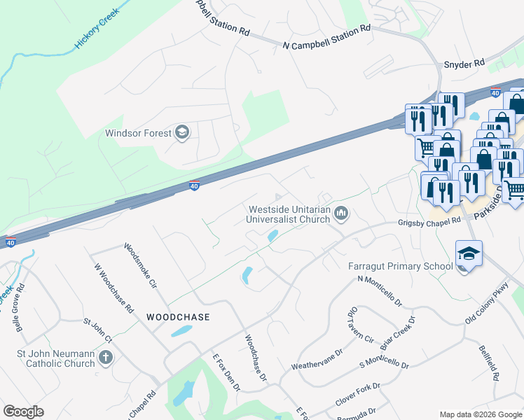 map of restaurants, bars, coffee shops, grocery stores, and more near 11641 Chapel Glen Lane in Knoxville