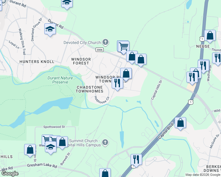 map of restaurants, bars, coffee shops, grocery stores, and more near 8321 Hobhouse Circle in Raleigh