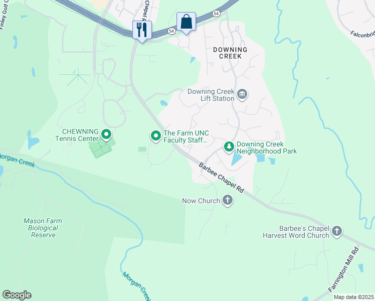 map of restaurants, bars, coffee shops, grocery stores, and more near 11 Abernathy Drive in Chapel Hill
