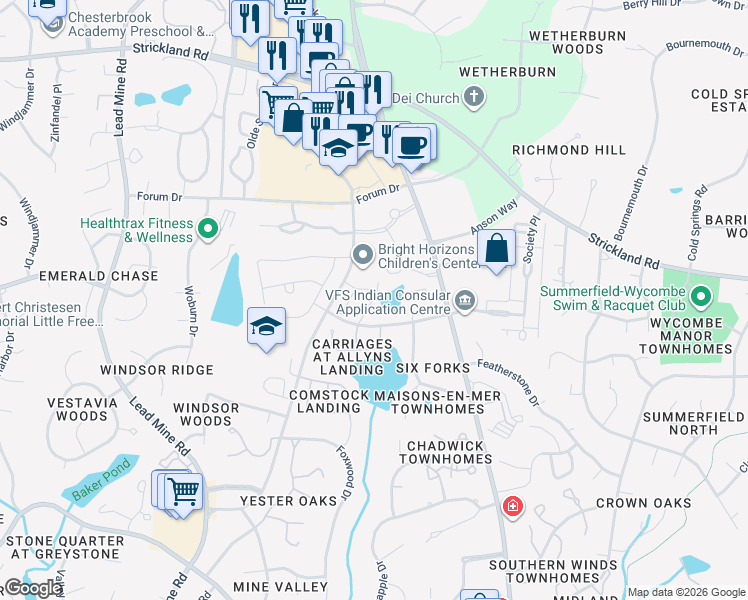 map of restaurants, bars, coffee shops, grocery stores, and more near 8412 Old Lead Mine Road in Raleigh