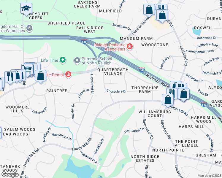 map of restaurants, bars, coffee shops, grocery stores, and more near 1901 Thorpshire Drive in Raleigh
