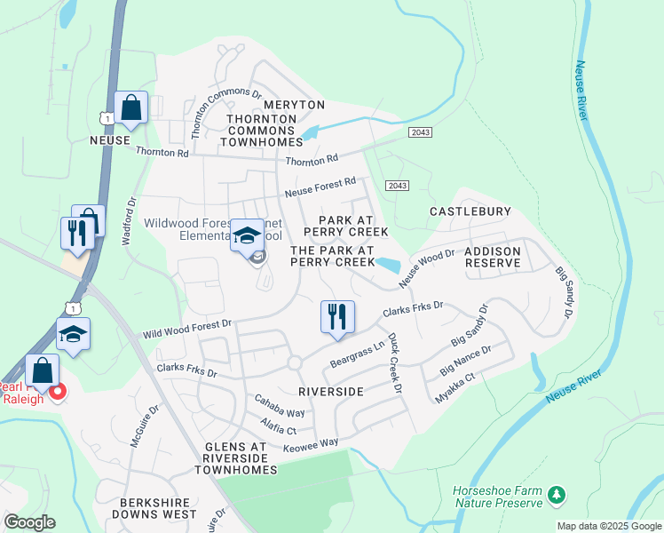 map of restaurants, bars, coffee shops, grocery stores, and more near 5316 Neuse Wood Drive in Raleigh
