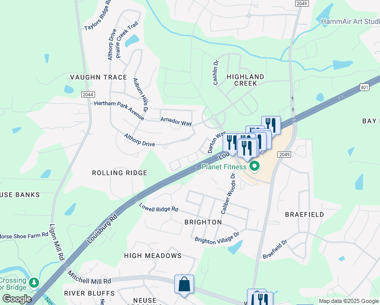 map of restaurants, bars, coffee shops, grocery stores, and more near 8353 Hollister Hills Drive in Raleigh
