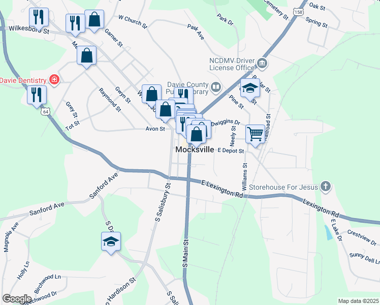 map of restaurants, bars, coffee shops, grocery stores, and more near 20 South Main Street in Mocksville