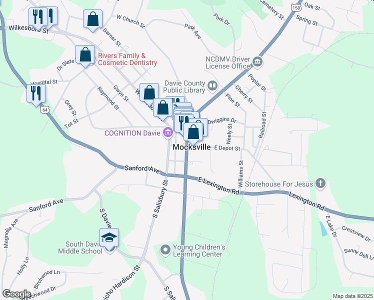 map of restaurants, bars, coffee shops, grocery stores, and more near 20 South Main Street in Mocksville