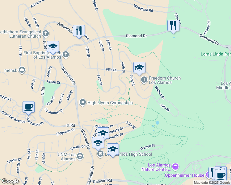 map of restaurants, bars, coffee shops, grocery stores, and more near 212 34th Street in Los Alamos