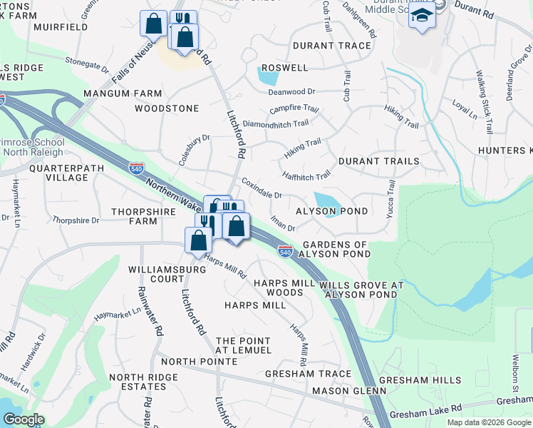 map of restaurants, bars, coffee shops, grocery stores, and more near 2625 Iman Drive in Raleigh