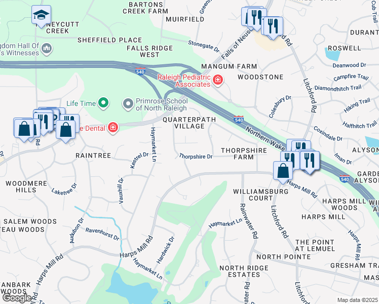 map of restaurants, bars, coffee shops, grocery stores, and more near 1905 Thorpshire Drive in Raleigh