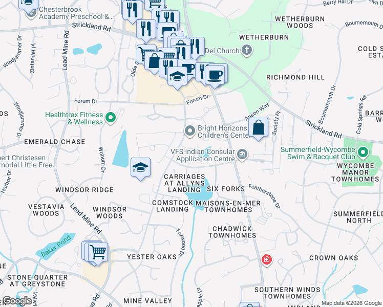 map of restaurants, bars, coffee shops, grocery stores, and more near 8412 Old Lead Mine Road in Raleigh