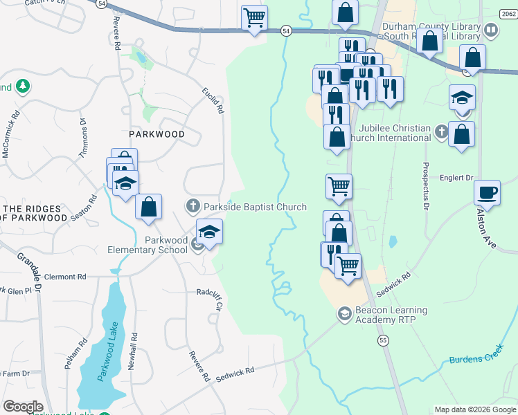 map of restaurants, bars, coffee shops, grocery stores, and more near 1621 Clermont Road in Durham