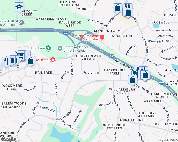 map of restaurants, bars, coffee shops, grocery stores, and more near 1905 Thorpshire Drive in Raleigh