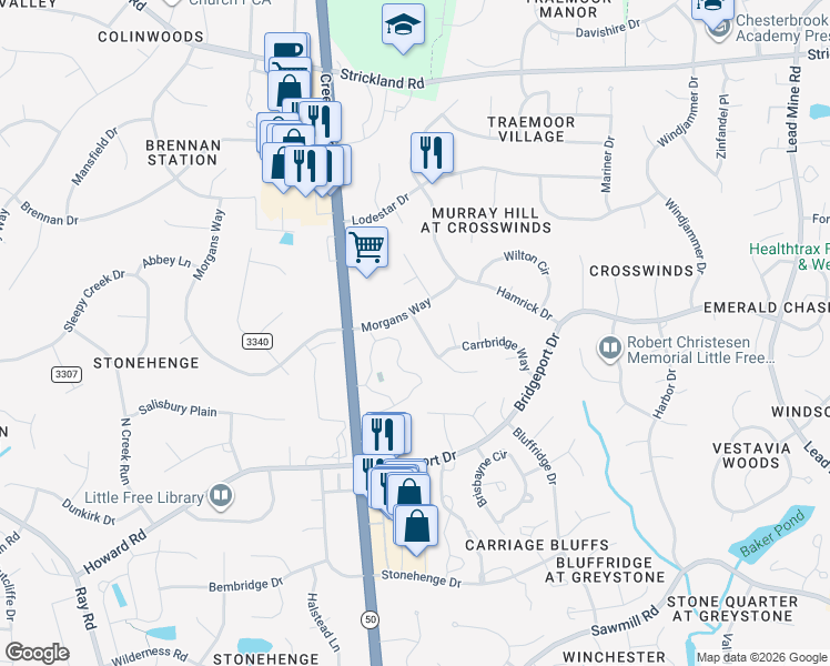 map of restaurants, bars, coffee shops, grocery stores, and more near 7739 Falcon Rest Circle in Raleigh