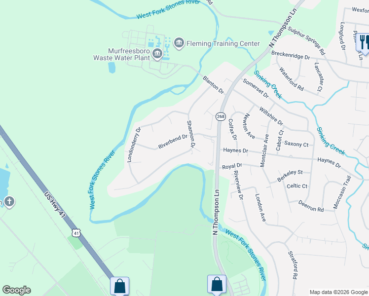 map of restaurants, bars, coffee shops, grocery stores, and more near 2112 Shannon Drive in Murfreesboro