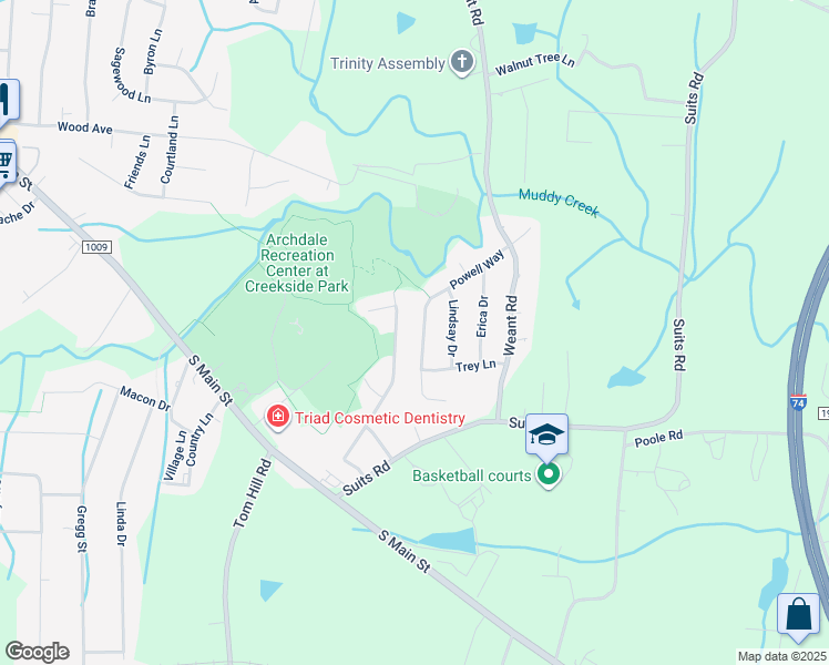 map of restaurants, bars, coffee shops, grocery stores, and more near 518 Powell Way in Archdale