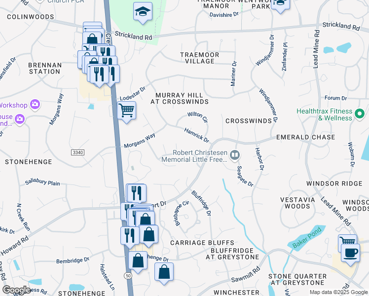 map of restaurants, bars, coffee shops, grocery stores, and more near 1932 Carrbridge Way in Raleigh