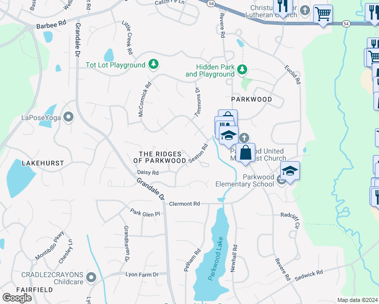 map of restaurants, bars, coffee shops, grocery stores, and more near 1227 Seaton Road in Durham
