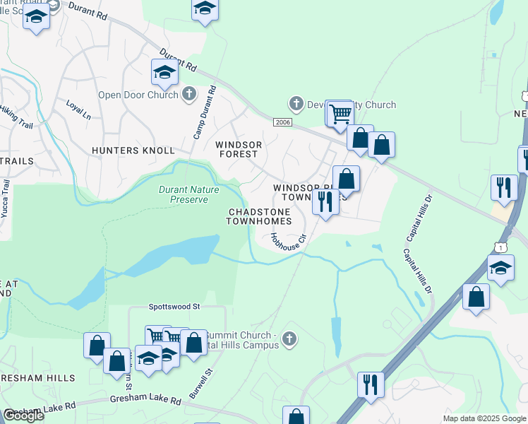 map of restaurants, bars, coffee shops, grocery stores, and more near 8610 London Park Court in Raleigh