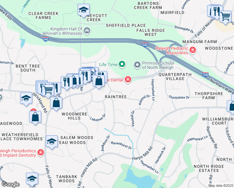 map of restaurants, bars, coffee shops, grocery stores, and more near 1208 Rainwood Lane in Raleigh