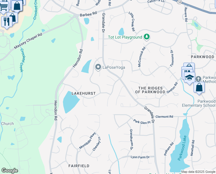 map of restaurants, bars, coffee shops, grocery stores, and more near 105 Covewood Court in Durham