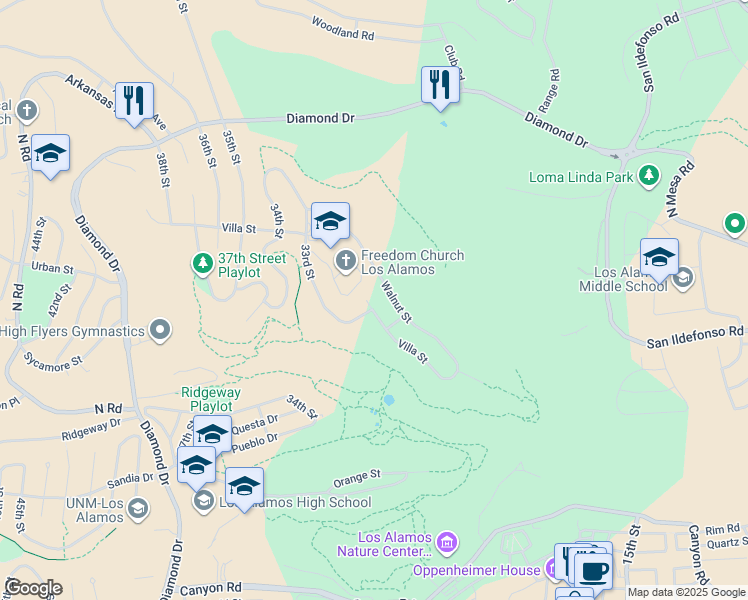 map of restaurants, bars, coffee shops, grocery stores, and more near 3212 Villa Street in Los Alamos