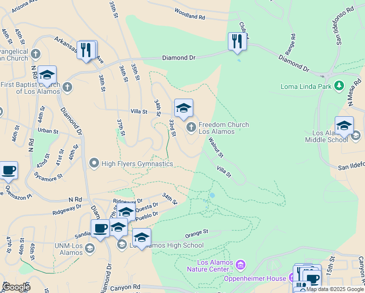 map of restaurants, bars, coffee shops, grocery stores, and more near 2132 33rd Street in Los Alamos