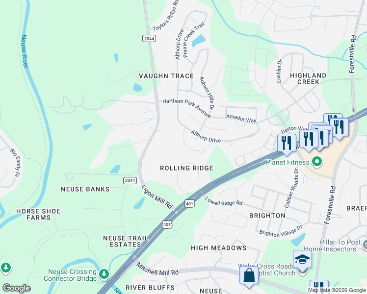 map of restaurants, bars, coffee shops, grocery stores, and more near 4414 Lyman Avenue in Raleigh