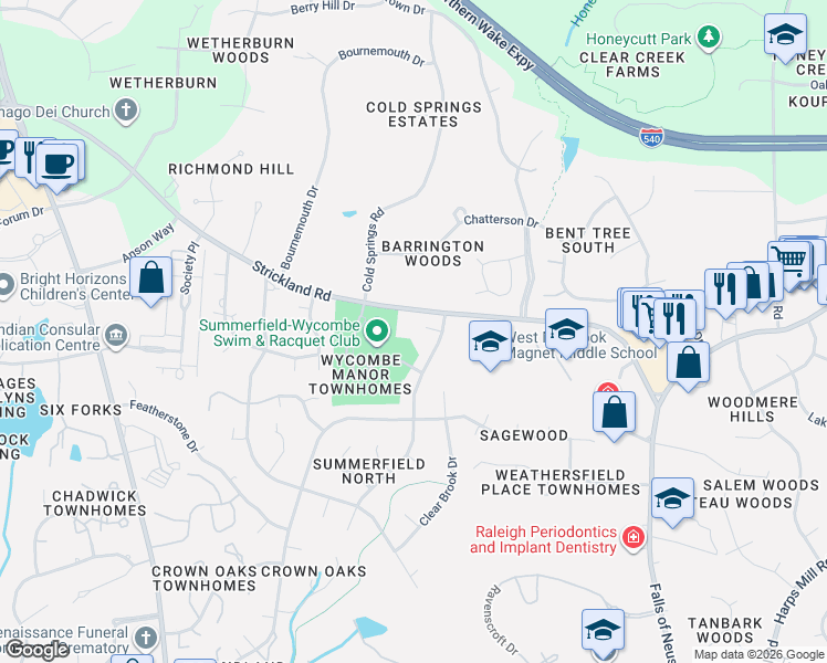 map of restaurants, bars, coffee shops, grocery stores, and more near 8409 Running Cedar Trail in Raleigh