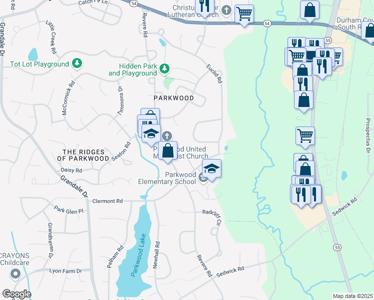 map of restaurants, bars, coffee shops, grocery stores, and more near 1509 Clermont Road in Durham