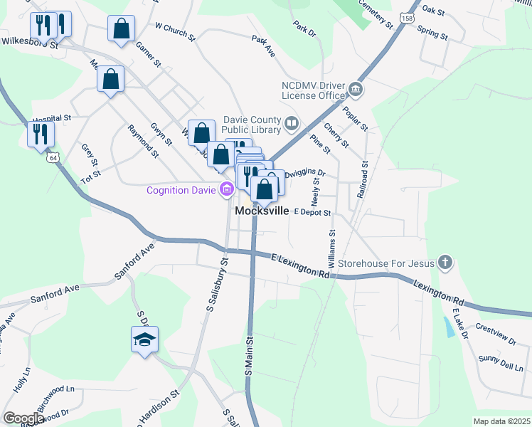map of restaurants, bars, coffee shops, grocery stores, and more near 139 East Depot Street in Mocksville
