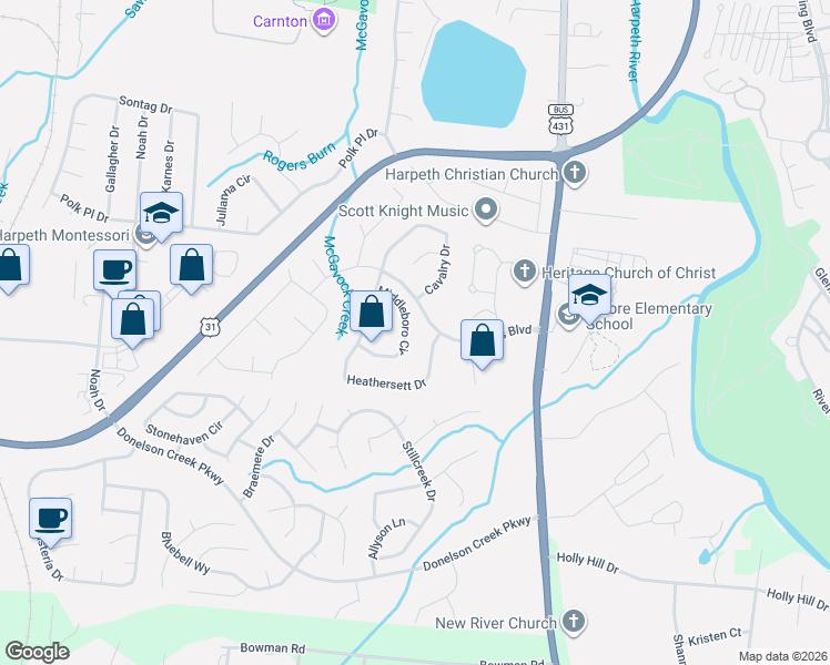 map of restaurants, bars, coffee shops, grocery stores, and more near 108 Heathersett Drive in Franklin