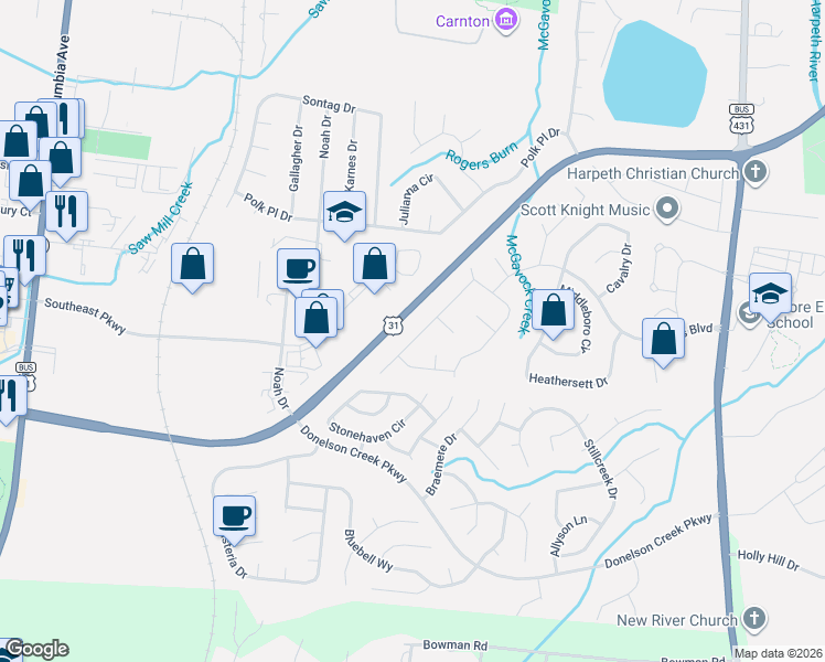 map of restaurants, bars, coffee shops, grocery stores, and more near 2271 Winder Circle in Franklin