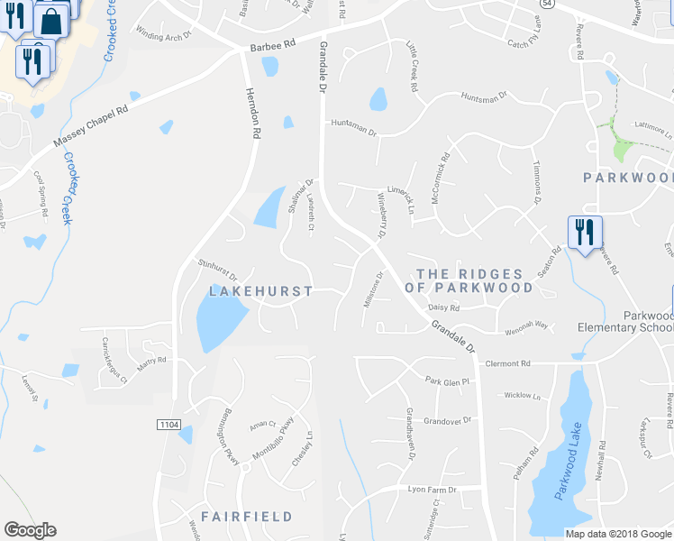 map of restaurants, bars, coffee shops, grocery stores, and more near 105 Covewood Court in Durham