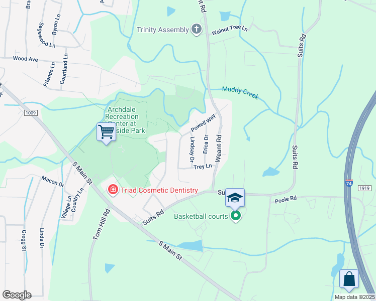 map of restaurants, bars, coffee shops, grocery stores, and more near 111 Lindsay Drive in Archdale