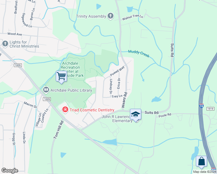 map of restaurants, bars, coffee shops, grocery stores, and more near 111 Lindsay Drive in Archdale