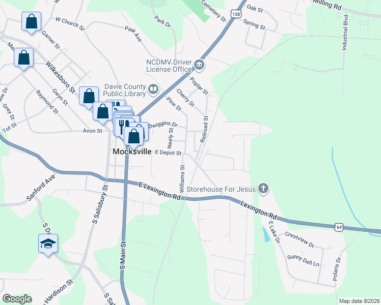map of restaurants, bars, coffee shops, grocery stores, and more near 496 East Depot Street in Mocksville