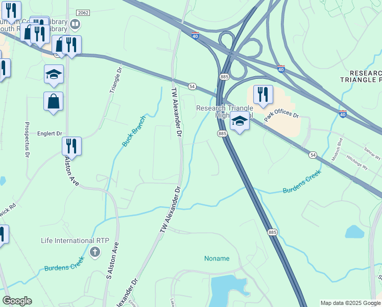 map of restaurants, bars, coffee shops, grocery stores, and more near 105 TW Alexander Drive in Durham