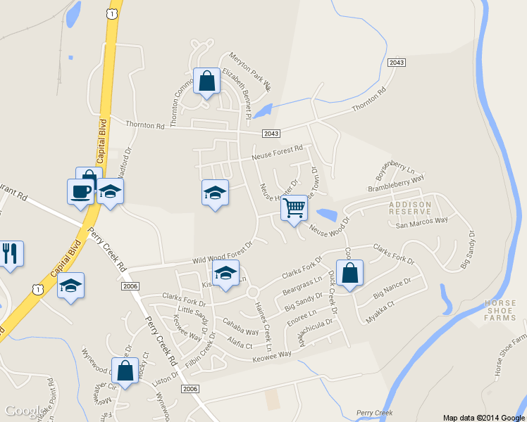 map of restaurants, bars, coffee shops, grocery stores, and more near 5205 Neuse Wood Drive in Raleigh