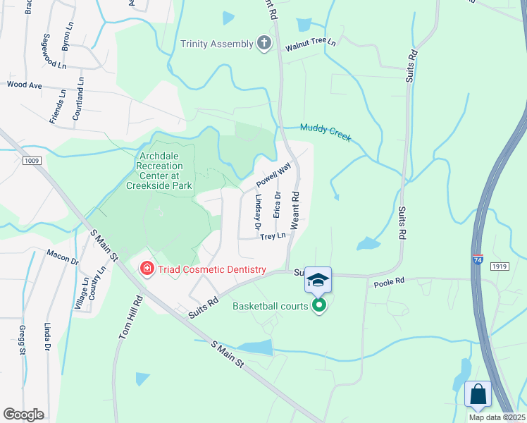 map of restaurants, bars, coffee shops, grocery stores, and more near 110 Lindsay Drive in Archdale
