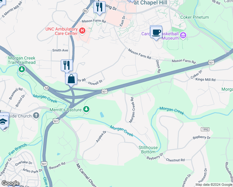 map of restaurants, bars, coffee shops, grocery stores, and more near 1 Winter Drive in Chapel Hill