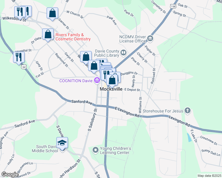 map of restaurants, bars, coffee shops, grocery stores, and more near in Mocksville