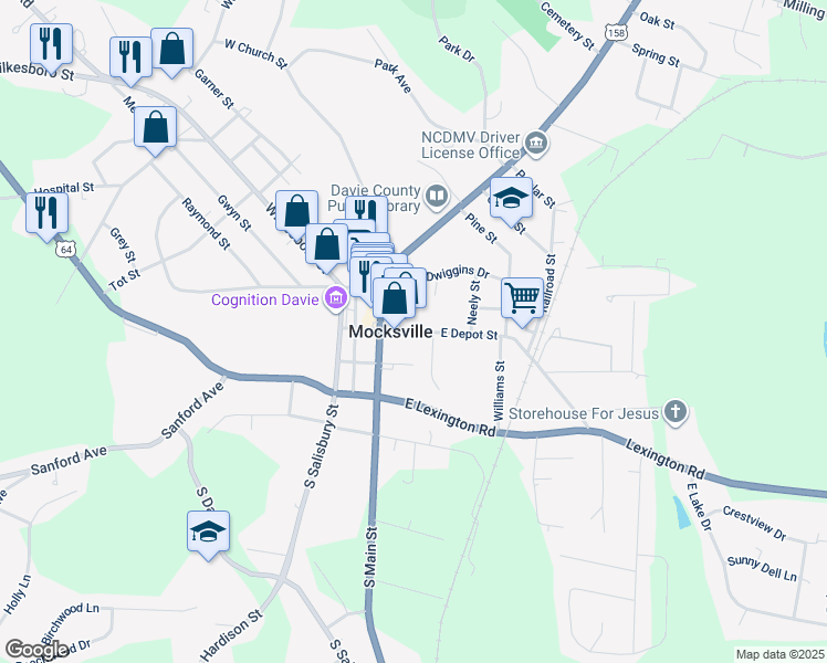 map of restaurants, bars, coffee shops, grocery stores, and more near 139 East Depot Street in Mocksville