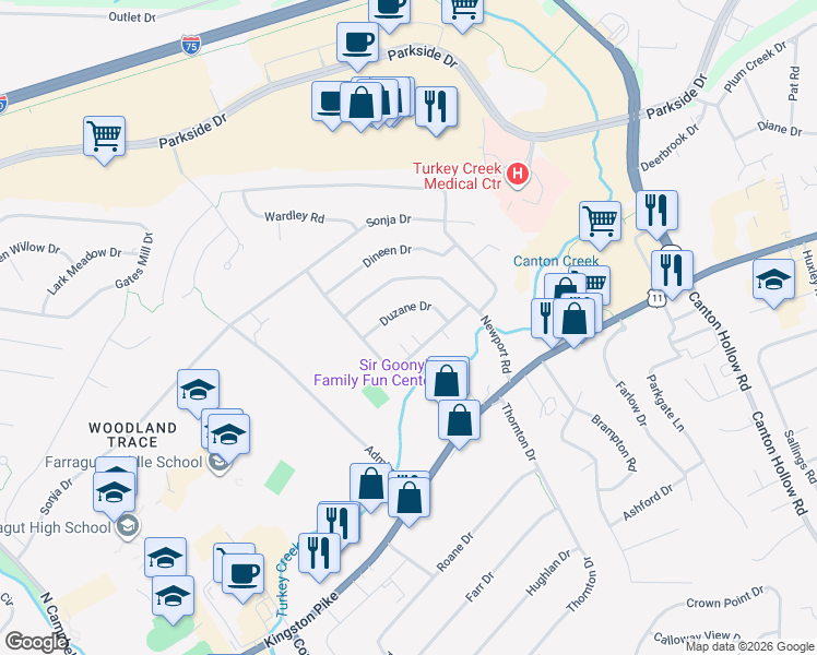 map of restaurants, bars, coffee shops, grocery stores, and more near 10825 Dundee Road in Knoxville