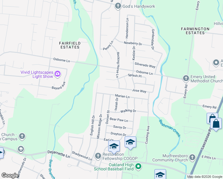 map of restaurants, bars, coffee shops, grocery stores, and more near 1737 Marian Lane in Murfreesboro