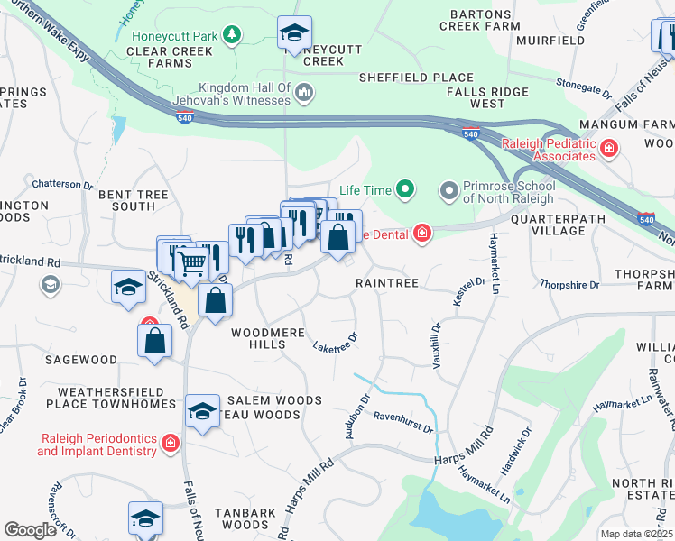 map of restaurants, bars, coffee shops, grocery stores, and more near 8300 Falls of Neuse Road in Raleigh