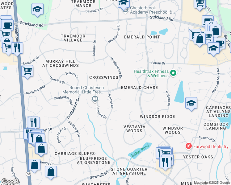 map of restaurants, bars, coffee shops, grocery stores, and more near 1605 Bridgeport Drive in Raleigh