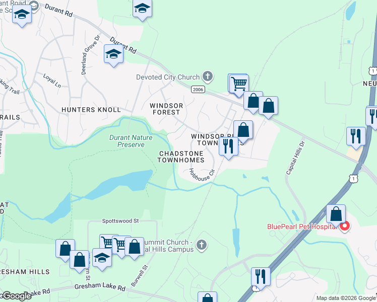 map of restaurants, bars, coffee shops, grocery stores, and more near 8600 London Park Court in Raleigh
