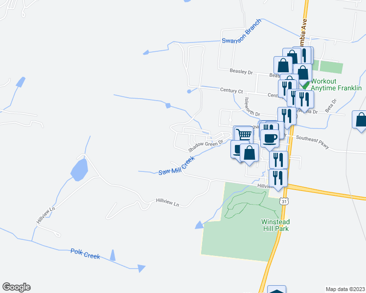 map of restaurants, bars, coffee shops, grocery stores, and more near 1152 Hillview Lane in Franklin